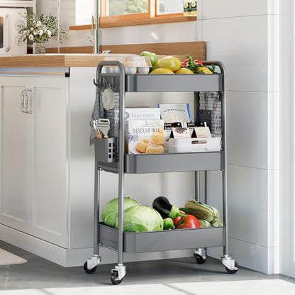 TOOLF 3 Tier Rolling Cart, Metal Utility Storage Cart with Pegboard, Grey - color: Gray, size: 3-Tier
