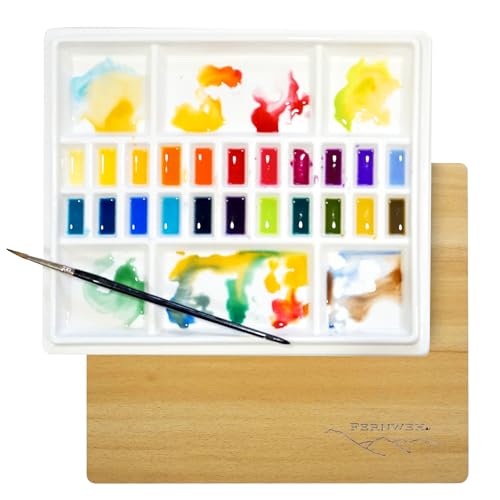 Large Ceramic Watercolor Palette with Wooden Lid, 22-Well Porcelain