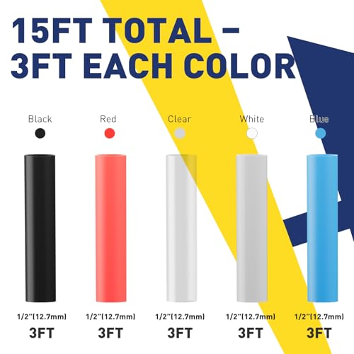 haisstronica 15Ft 4:1 Heat Shrink Tubing Kit 1/2" 5 Colors - size: 1/2"