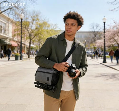 BAGSMART Camera Sling Bag with Tripod Holder & Rain Cover, Waterproof, Grey - color: 02-Grey