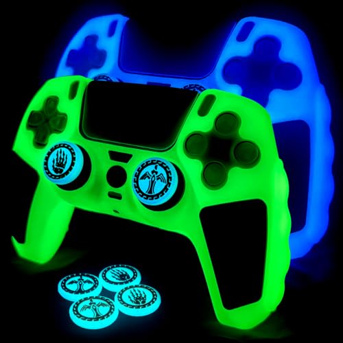 2 Pack Mix Glow in the Dark Controller Skin Silicone Grip Protective Case Cover and 4 Glow Thumb Grips Accessories. (2 Pack Mix Green&Blue Black) - color: 2 Pack Mix Green&Blue Black