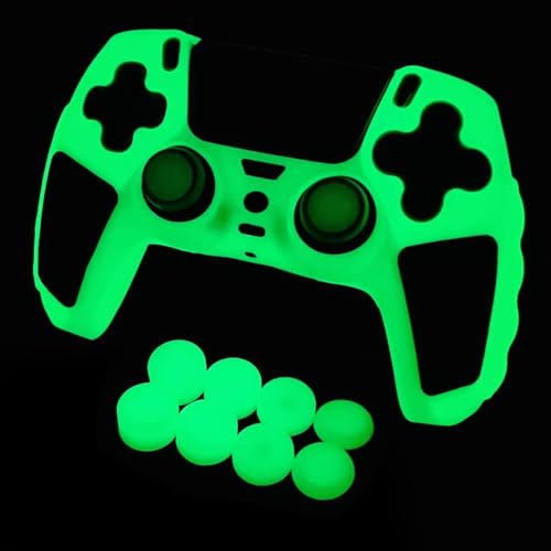 Glow in The Dark PS5 Controller Skin,Green Anti Slip Soft Thicked Studded Silicone Cover Skins Compatible with PS5 Controller,Include 8 PCS Green Thumb Grips Glow and 2 Glow Grips Accessories. - color: Glow Green Black