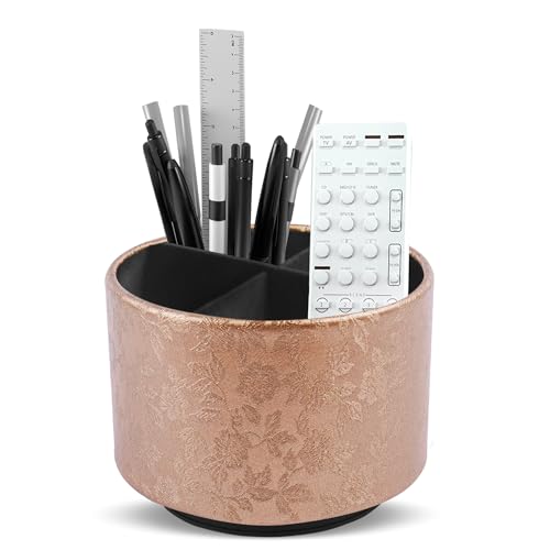 lizimandu Round Leather Art Supply Organizer,Remote Control Holder,360 Degree Spinning,Multi-Functional Pencil Holder,4 Compartments Desktop Stationary Organizer(1-Liuli Cooper) - color: 1-Liuli Cooper