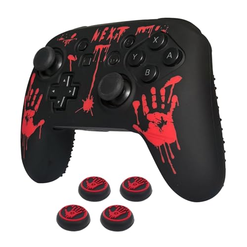 RALAN Laser Blood Handprint Design Controller Skin with 4 Thumb Grips for Switch Pro Controller, Anti-Slip Silicone Controller Cover Protector Case, Red - color: Red