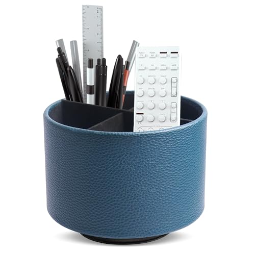 Round Leather Art Supply Organizer,Remote Control Holder,360 Degree Spinning,Multi-Functional Pencil Holder,4 Compartments Desktop Stationary Organizer(1-Lichee Green) - color: 1-Lichee Green