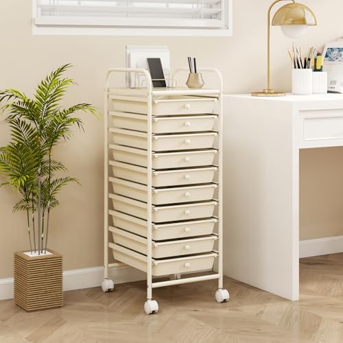 RELAX4LIFE 10 Drawer Rolling Cart - Slim Storage Cart w/Lockable Wheels - color: White, size: 34''H