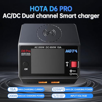 HOTA D6 Pro Lipo Battery Charger Dual Channel Smart Charger AC200W DC650W 15A for LiHv Nicd NiMH Lipo RC Battery Charger with Balance Phone Wireless Charging RC Car RC Boat FPV Race Drone Parts Black - color: Black