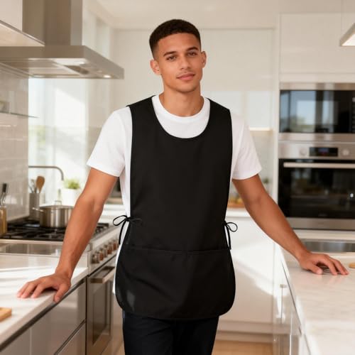 Cobbler Apron Unisex Smock Apron with Side Ties and 2 Deep Pockets Unisex Apron for work kitchen - color: 2pack-black