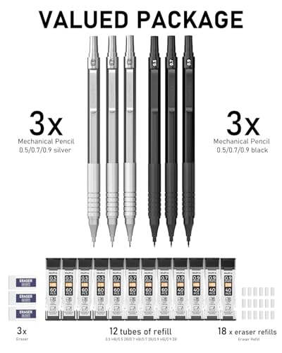 Nicpro 0.5 & 0.7 & 0.9 mm Metal Mechanical Pencil Set with Case-6 Pack - color: Black&Silver, style: Modern