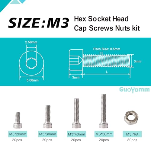 M3 x 20mm 30mm 40mm 50mm Hex Socket Head Cap Screws Bolts and Nuts, Stainless Steel 304, Bright Finish, Metric Allen Drive, Fully Thread, Assortment Kit 160PCS - size: Socket M3x20-50mm+Nuts