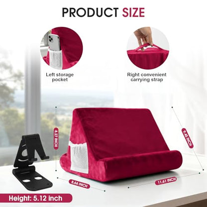 Multi-Angle Tablet Stand with Soft Pad and Net Pocket - Universal Phone and Pad Holder for Lap, Knee, Sofa and Bed (Wine Red) - color: Wine Red