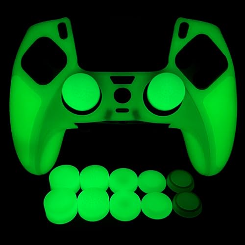 Glow in The Dark Controller Skin,Anti Slip Soft Thicked Studded Silicone Cover Skins Compatible with ps5 dualsense Edge,Include 8 PCS Thumb Grips Caps and 2 Grips Caps - color: Glow Green