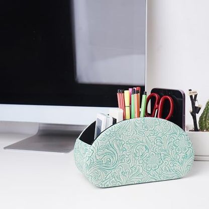 Remote Control Holder, PU Leather Remote Caddy Desktop Organizer with 5 Spacious Compartments for TV Remotes/Media Controllers/Office Supplies (1-Carved3 Green2 - color: 1-Carved3 Green2