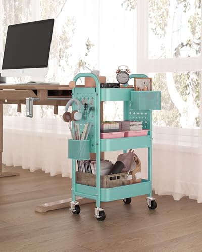 ALVOROG 3 Tier Metal Rolling Utility Cart with Pegboards,Baskets,Hooks,Blue - color: Tiffany Blue