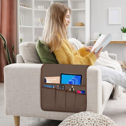 Remote Control Holder for Armchair Caddy, Remote Holder with 5 Pockets - color: Brown, size: 35"x12.4"