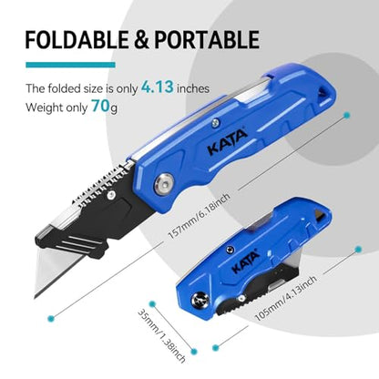 KATA Folding Box Cutter, 2 PC Pocket Utility Knife with 10 SK5 Razor Blades - color: Orange/Blue