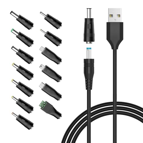 5V USB to DC Power Cable, Universal DC 5.5x2.1mm Plug Jack Charging Cable with 13 Connector Tips, Compatible with 5V Devices Max Support 3A