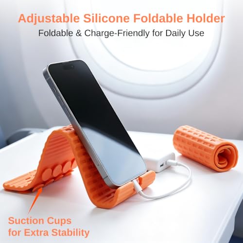 Airplane Phone Holder, Silicone Foldable Phone Stand for Desk and Travel - color: Orange