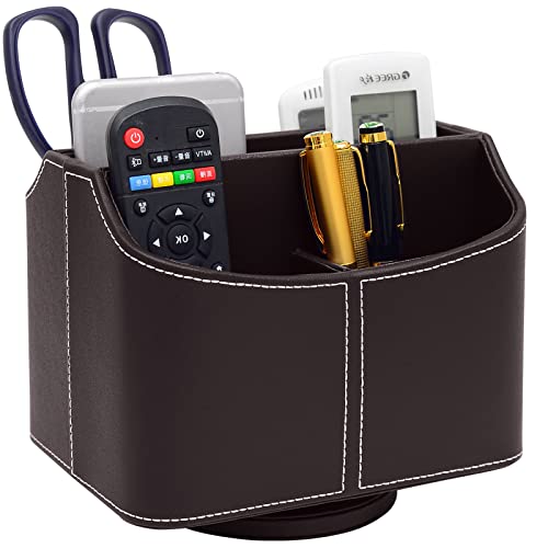 PU Leather Remote Control Holder 360 Degree Spinning Desk Organizer Storage Box for Remote Caddy,TV Guide, Mail, Electronics, Pen,Stationery and Media Storage (Brown) - color: Brown