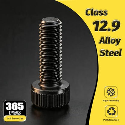 KADRICK 365PCS M4 Screws Kit,Class 12.9 Alloy Steel Hex Socket Head Cap - size: M4 365Pcs