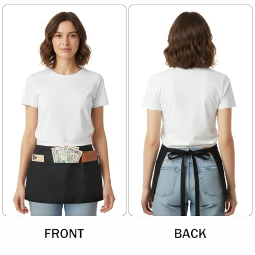 BOHARERS Waist Apron with 3 Pockets - Black Waitress Waiter Server Short Aprons - color: 1 Pack Black