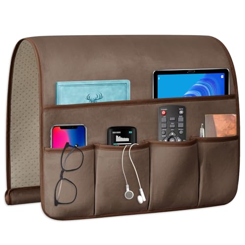Remote Control Holder for Armchair Caddy, Remote Holder with 5 Pockets - color: Brown, size: 35"x18"
