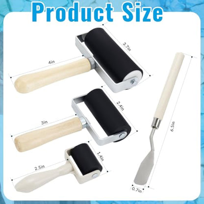 3 Pack Rubber Brayer Roller, 1.4”/2.4”/3.7” Art Craft Rollers with Scraper