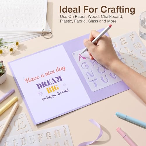 22 Fonts 13 Sizes (0.25"-2") Small Letter Stencils for Painting, 38Pcs Reusable Alphabet & Number Stencils in Script & Cursive for Wood Crafts