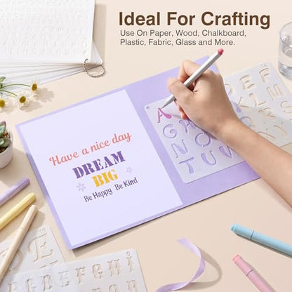 22 Fonts 13 Sizes (0.25"-2") Small Letter Stencils for Painting, 38Pcs Reusable Alphabet & Number Stencils in Script & Cursive for Wood Crafts