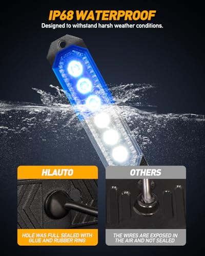 HLauto 406T Emergency Strobe Grille Lights: 4Pcs 6 LED Sync Feature Safety Warning Flashing Light, 12V-24V Ultra Slim Surface Mount Hazard Caution Light for Truck, Vehicle, Car, ATV, UTV (Blue White) - color: Blue/White