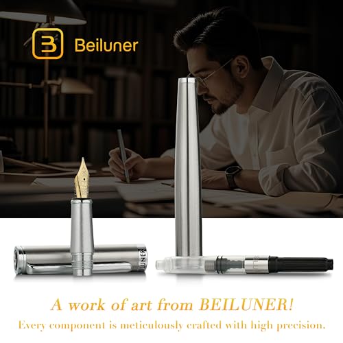 BEILUNER Luxury Fountain Pen Set,Solid 24K Gilded(Fine)-Charming Silver - color: Silver, style: Fine Nib