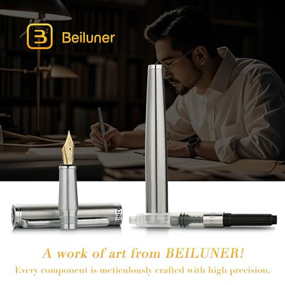 BEILUNER Luxury Fountain Pen Set,Solid 24K Gilded(Fine)-Charming Silver - color: Silver, style: Fine Nib