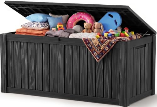 Outdoor Storage Box, 220 Gal Waterproof Resin Deck Box w/Support Rod - color: Black, size: 220 Gallon