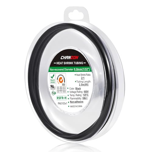 Chanzon 2:1 Ratio 1/32" (0.8mm) Heat Shrink Tubing 8Ft Roll Black - color: Black, size: 0.8mm (1/32") - 8FT
