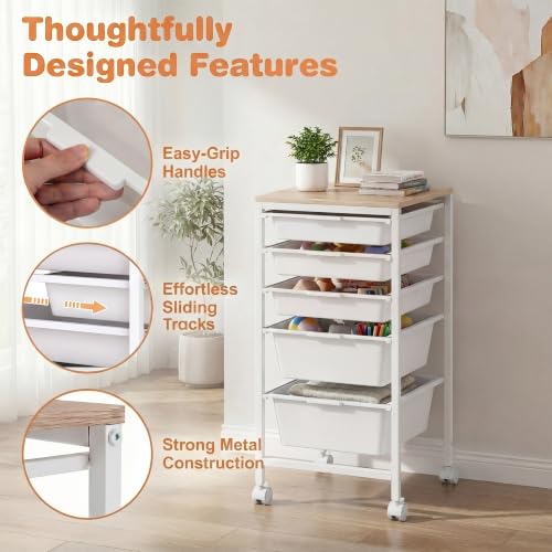 RELAX4LIFE 5-Drawer Rolling Storage Cart w/Lockable Wheels(White) - color: White, size: 25”H