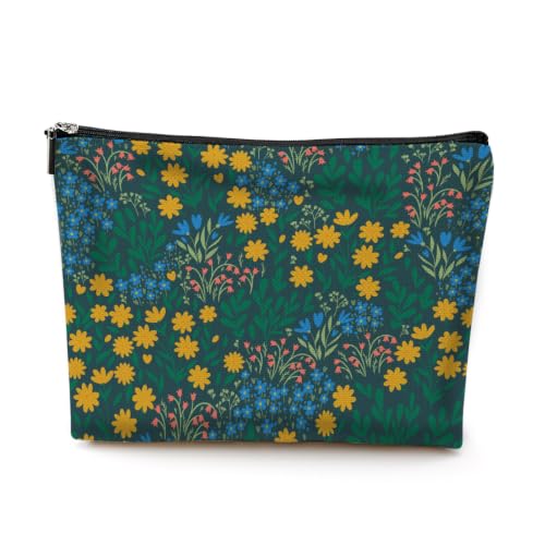 Boho Makeup Bag, Yellow Blue Wildflower Cosmetic Bag Makeup Organizer Pouch - color: Wildflower02