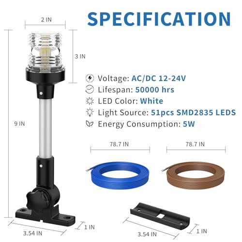 Obcursco Boat Stern Light, Bimini Top LED Anchor Light, Boat Accessories - size: 9''Horizontal Swing