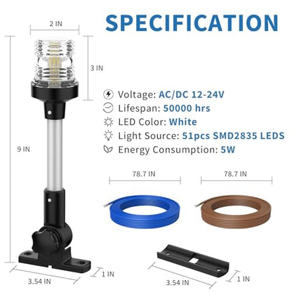 Obcursco Boat Stern Light, Bimini Top LED Anchor Light, Boat Accessories - size: 9''Horizontal Swing