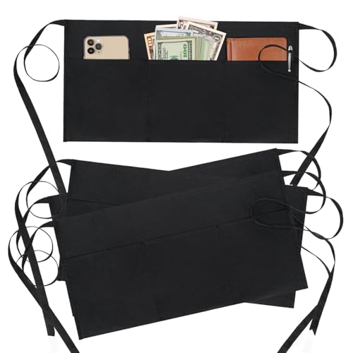 BOHARERS 4 Pack Waitress Apron With 3 Pockets-Black Server Aprons-Waiter Short Half Waist Servers Apron - color: A-4 Pack Black