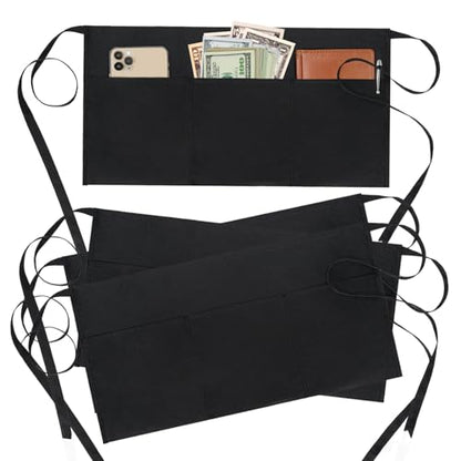 BOHARERS 4 Pack Waitress Apron With 3 Pockets-Black Server Aprons-Waiter Short Half Waist Servers Apron - color: A-4 Pack Black