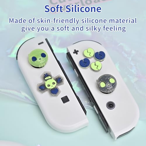 GeekShare Silicone Cross D-Pad Button Caps Set Joystick Cover - Cute ABXY Key Buttons Sticker Compatible with Switch/OLED Joy Con - Black & Green Skull - size: Switch / OLED Green