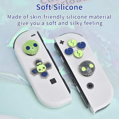 GeekShare Silicone Cross D-Pad Button Caps Set Joystick Cover - Cute ABXY Key Buttons Sticker Compatible with Switch/OLED Joy Con - Black & Green Skull - size: Switch / OLED Green