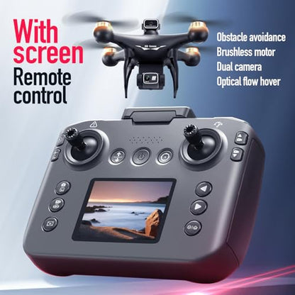 Hobby RC Drone with Screen Remote, Dual 720P Cameras, Optical Flow Positioning, 6-Channel Gyro, Brushless Motor, Headless Mode, Hover Function, One-Key Takeoff, Altitude Hold, Standard Battery. Beginner-Friendly RC Quadcopter Drone