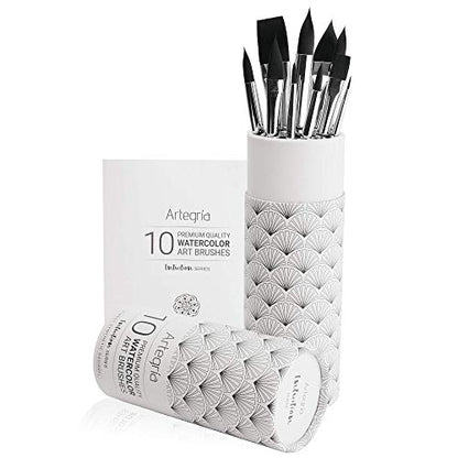 ARTEGRIA Watercolor Brush Set, 10 Soft Synthetic Squirrel Brushes - color: Black - 10pcs