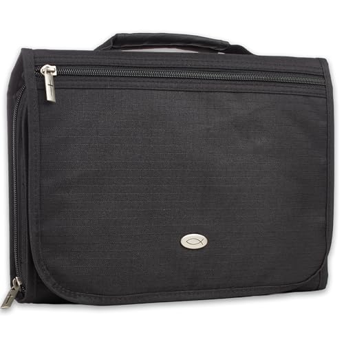 Christian Art Gifts Jesus Fish Badge Men/Women Tri-Fold Bible Cover - color: Poly Black, size: Large
