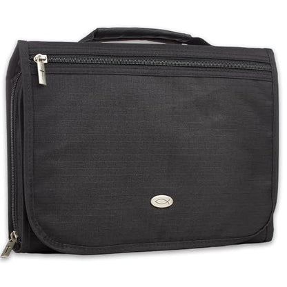 Christian Art Gifts Jesus Fish Badge Men/Women Tri-Fold Bible Cover - color: Poly Black, size: Large