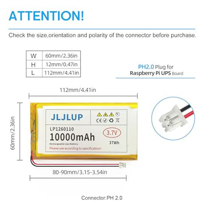 1pc 10000mAh 3.7V LiPo Battery 1S Lithium Polymer Rechargeable Battery with Protective Board Insulation Coating PH2.0 Plug