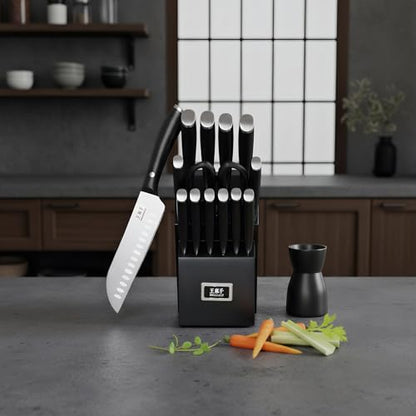WANGMAZI 15‑Pcs Knife Block Set, Stainless Steel, Black - color: 03-Black