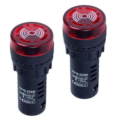 2pcs 22mm AC/DC 12V Red LED Buzzer Flash Alarm Signal Indicator Light Beep Signal Intermittent Sound - size: 22mm / 12V