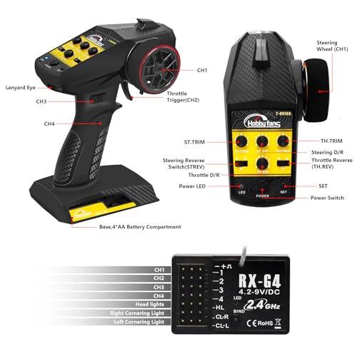 RC Remote Control 4CH 2.4G Transmitter with Receiver and Lanyard for RC Car Crawler Boat, Yellow - color: Yellow